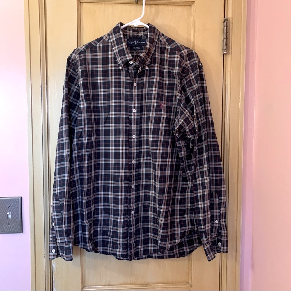 Ralph Lauren Polo Custom Fit Plaid Button Front Shirt Cotton Size Large
